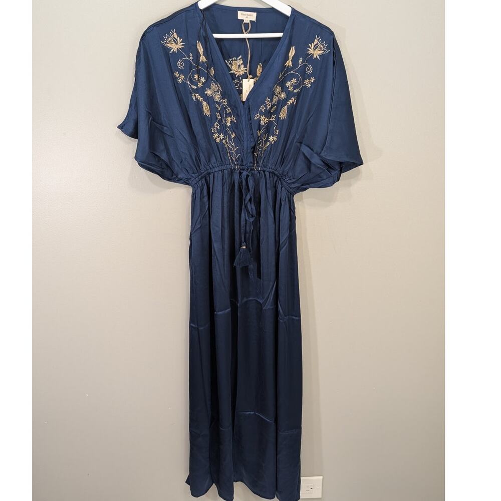 World Market Navy Satin Kaftan Dress Maxi Lounge Flowy Breezy Chic - Size S/M